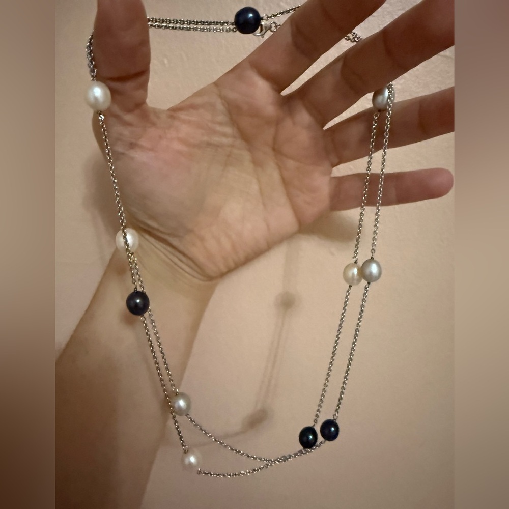 Long sterling silver pearl necklace